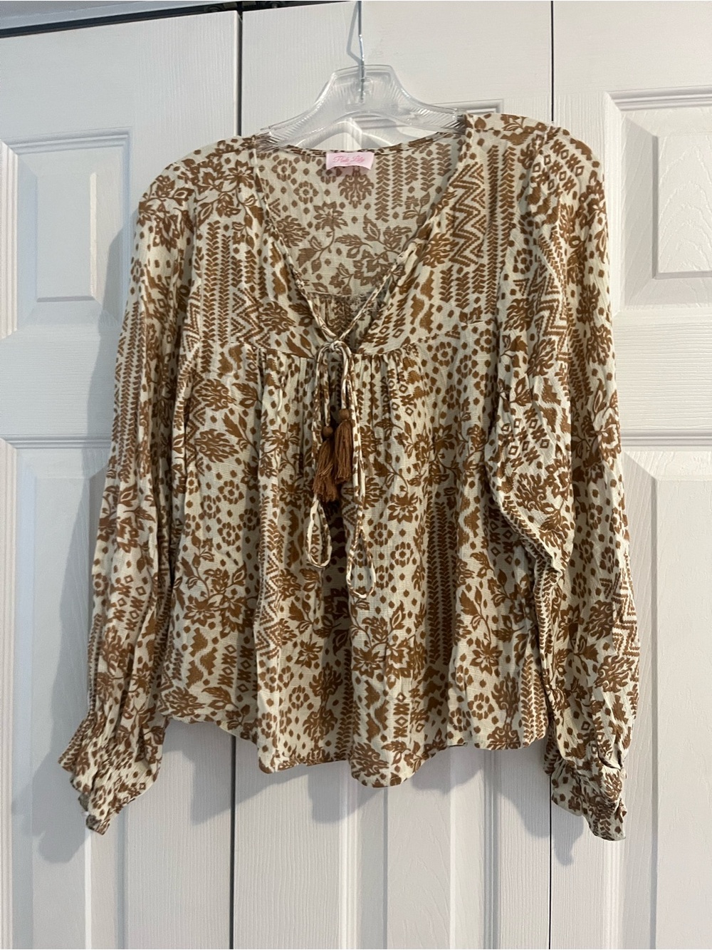 Pink Lily Cream and Brown Boho Tassel Peasant Blouse